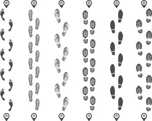 Footsteps track routes. Footprint trail, footstep imprint way route and walking foot steps map pins isolated vector illustration