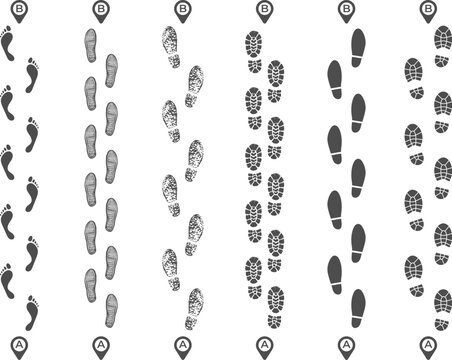 Footsteps track routes. Footprint trail, footstep imprint way route and walking foot steps map pins isolated vector illustration
