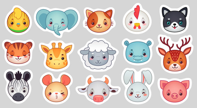 Cute animal stickers. Smiling adorable animals faces, kawaii sheep and funny chicken cartoon vector illustration set
