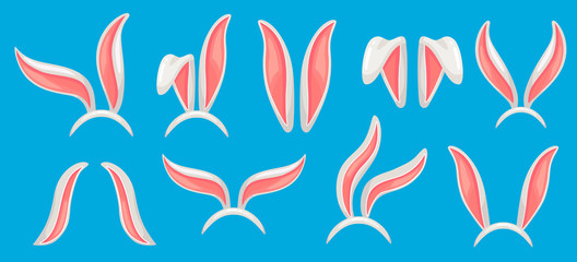 Bunny ears. Easter bunnies mask, funny rabbit ear hat and spring jackrabbit band. Rabbits masks isolated vector illustration set