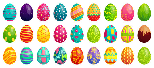 Easter eggs. Spring colorful chocolate egg, cute colored patterns and happy easter decoration cartoon vector set