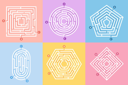 Labyrinth game. Maze conundrum, labyrinth way rebus and many entrance riddle vector concept illustration set