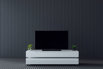 3D Rendering : illustration of television hanging at wooden tile wall. light and clean modern cozy living room style. hipster style new modern wall. comfort relaxing concept. TV clipping path included