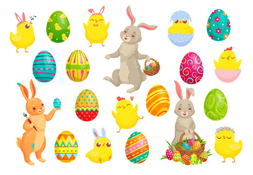 Easter Bunny Eggs. Cute Rabbit, Spring Chicks And Colorful Egg Vector Illustration Set