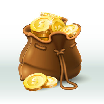 Golden coins bag. Gold coin in old antique sack, saving money purse and gold wealth 3D realistic vector illustration