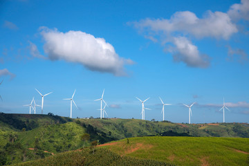 Landscape view of windmill farm in the mountains at Khao Kor, Thailand. Wind turbines for power and energy.