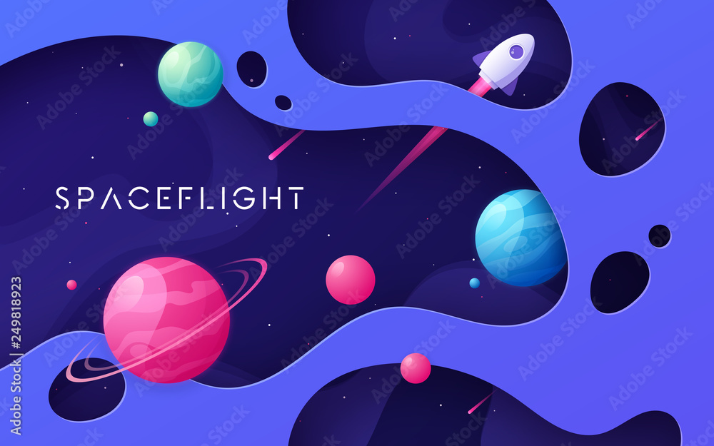 Wall mural colorful cartoon outer space background, design, banner, artwork.