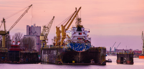 view of the ships being renovated in the repair yard