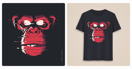 Graphic tee shirt design, print with glitch styled angry chimp. 