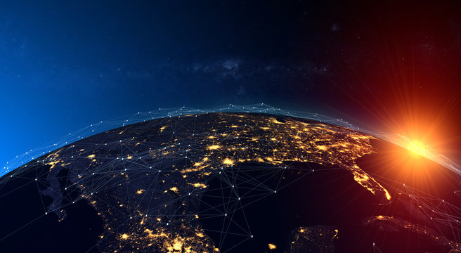 Global network concept,the rising sun over the American continent. Elements of this image furnished by NASA.
