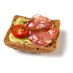 Canape with salami. Open faced sandwich crostini isolated on white background closeup. Appetizer tartarine.