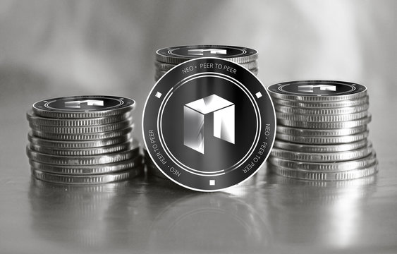 Neo digital crypto currency. Stack of black and silver coins. Cyber money.
