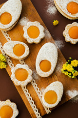 Obraz na płótnie Canvas Cookies in the shape of white eggs with apricot yolk as homemade decoration