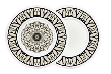 Matching decorative plates for interior designwith floral art deco pattern. Empty dish, porcelain plate mock up design. Vector illustration. White, grey color