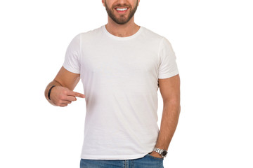 Smiling Man Pointing At His Blank White T-Shirt