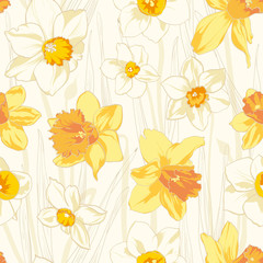 Fototapeta na wymiar Narcissus spring flowers seamless pattern. Vector illustration.