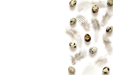 Easter composition with quail eggs and feathering on white background, space for text - Image