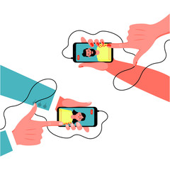 Male and female hand holding a smartphone. Vector illustration.