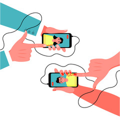 Male and female hand holding a smartphone. Vector illustration.