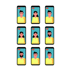 Set of smartphones with stream and live chat. Vector illustration.