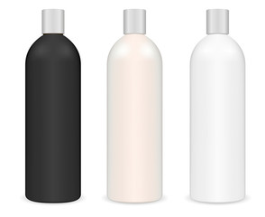 Tubular Cosmetic Shampoo Bottle. Cylinder Package. Black and White Bottle Set Isolated on Background. Realistic 3d Plastic Container for hair, Skin and Body Hygiene.