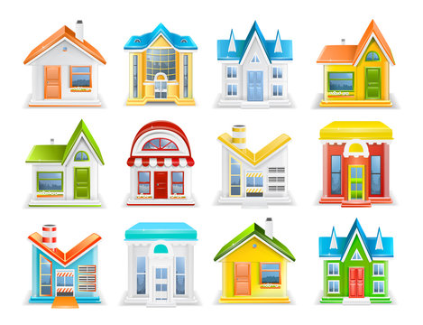 Icon set of houses and buildings of different types illustration