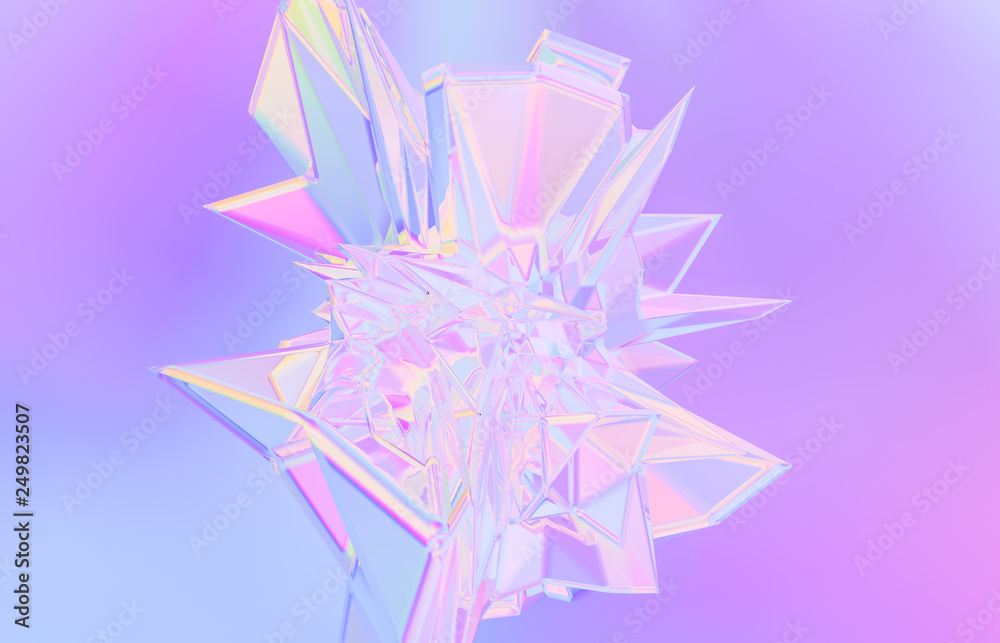 Poster 3d render. Abstract geometric crystal background, iridescent texture, faceted gem.