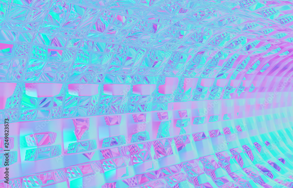 Poster 3d render. abstract geometric crystal background, iridescent texture, faceted gem.