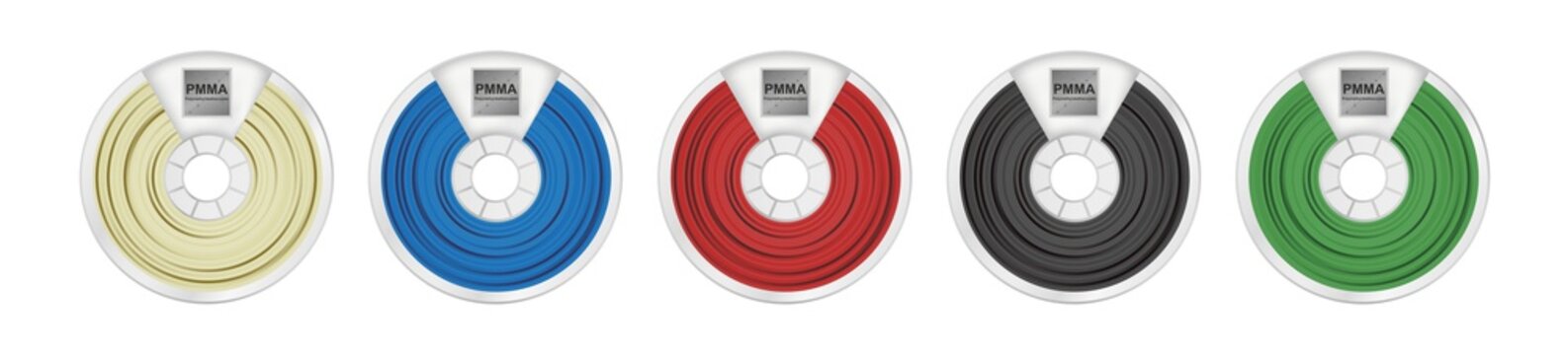 Vector set of five pmma filaments for 3D printing wounded on the spool. Plastic glass material Polymethyl methacrylate in several color variants &ndash; natural white, blue, red, black and green isolated.