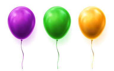 Set of isolated 3d balloons for party or happy birthday. Green and yellow, purple or violet gift for holiday and fun, joy. Bunch of colourful helium objects for celebration, festival, carnival,jubilee