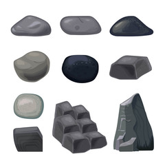 Set of grey stones of different shape on white background 