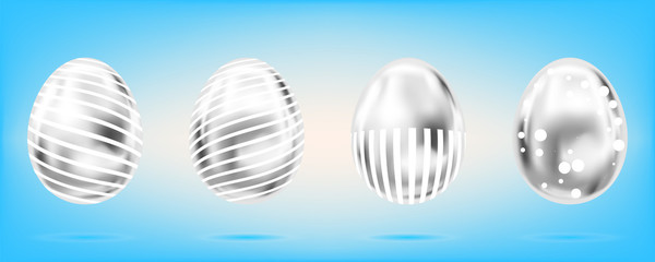 Four silver eggs on the sky blue background. Isolated objects for Easter. Dots and stripes ornate