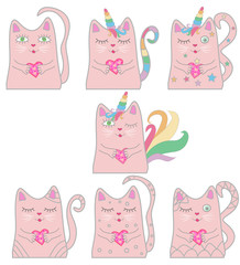 Big set funny pink cat unicorn. Concept of miracles and magic