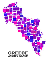Fototapeta na wymiar Mosaic Andros Island of Greece map isolated on a white background. Vector geographic abstraction in pink and violet colors. Mosaic of Andros Island of Greece map combined of random square items.