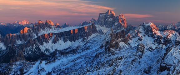Gorgeous sunny view of Dolomite Alps first snow. Colorful winter scene of Monte Pelmo mountain...