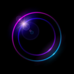 Vibrant neon circle with glow. Colorful round frame for advertising, banner, card with space for text. Abstract luminous background. Vector illustration