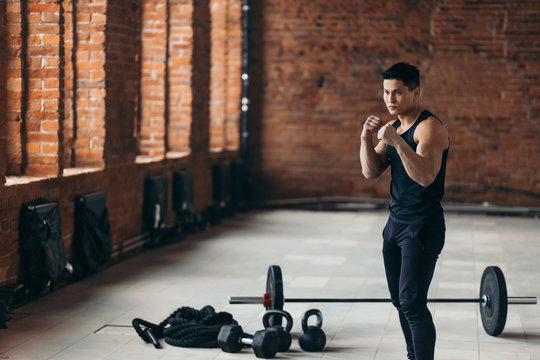 young boxer working out in the sport studio. fighter training at sport center. copy space, wellness, wellbeing