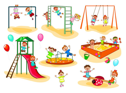 Little kids on the playground. . A group of happy, smiling children