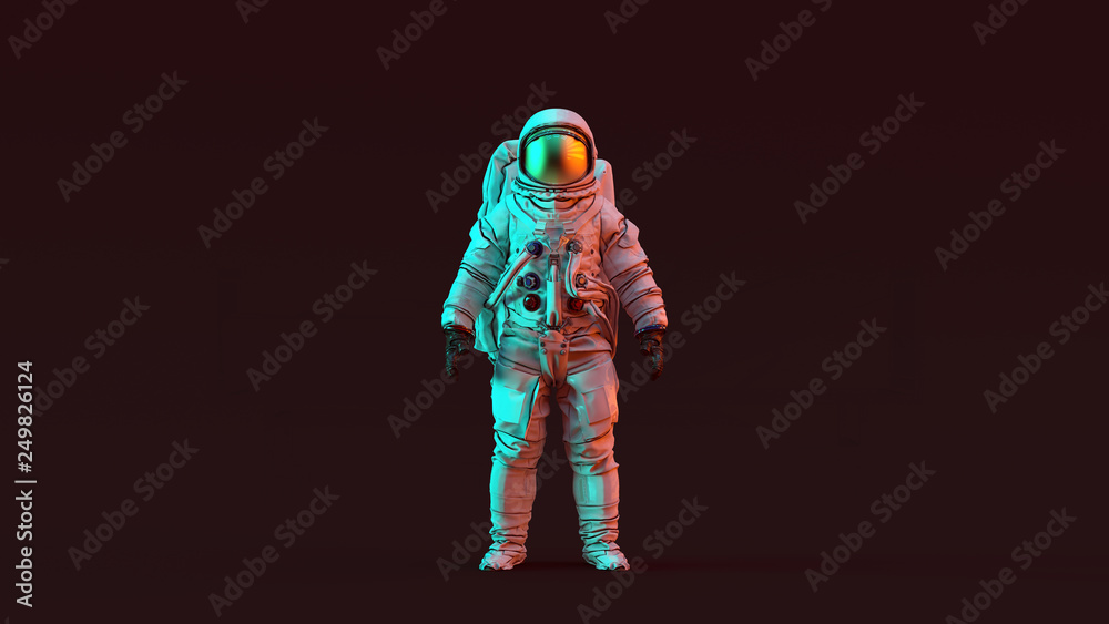 Wall mural astronaut with gold visor and white spacesuit with red and blue moody 80s lighting front 3d illustra