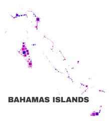 Mosaic Bahamas Islands map isolated on a white background. Vector geographic abstraction in pink and violet colors. Mosaic of Bahamas Islands map combined of random square items.