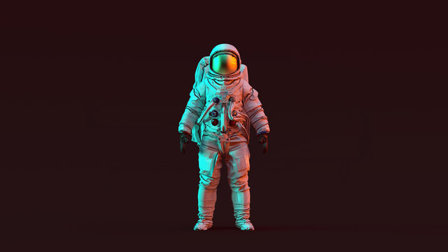 Astronaut with Gold Visor and White Spacesuit with Red and Blue Moody 80s lighting Front 3d illustration 3d render