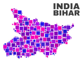 Fototapeta na wymiar Mosaic Bihar State map isolated on a white background. Vector geographic abstraction in pink and violet colors. Mosaic of Bihar State map combined of random square elements.
