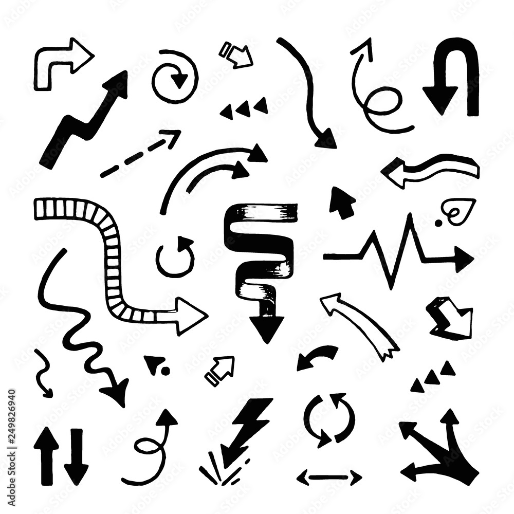 Poster Arrows hand drawn. Doodle sketchy line arrow pointers and direction scribble vector isolated symbols