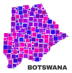 Mosaic Botswana map isolated on a white background. Vector geographic abstraction in pink and violet colors. Mosaic of Botswana map combined of random square elements.