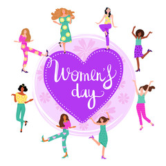 International Women's Day greeting card. Composition with dancing girls and flowers. Vector illustration on white background.