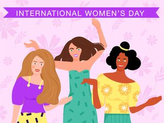 International Women's Day greeting card. Composition with happy girls and flowers. Vector illustration.
