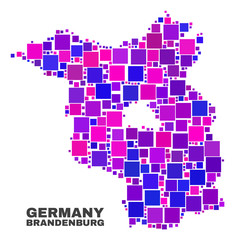 Mosaic Brandenburg Land map isolated on a white background. Vector geographic abstraction in pink and violet colors. Mosaic of Brandenburg Land map combined of random square elements.