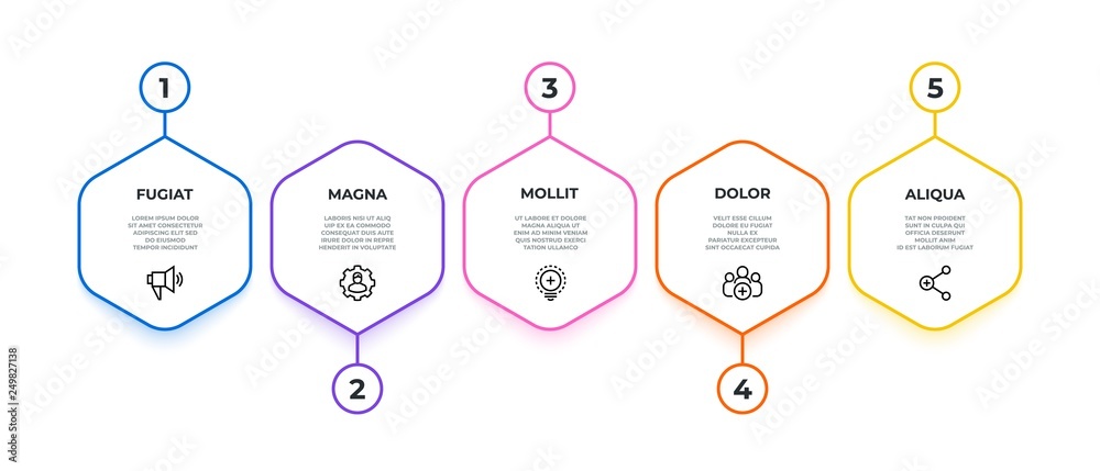 Poster workflow infographic. 5 options work flow banner, business presentation graphic, hexagon milestone t