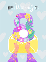 International Women's Day greeting card. 8 shape with flowers in the postal envelope. Greeting envelope  in hand. Spring time. Vector illistration.