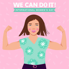 Feminism, girl power, International Women's Day concept. Strong girl showing her muscularity. Women empowerment. Vector illustration.